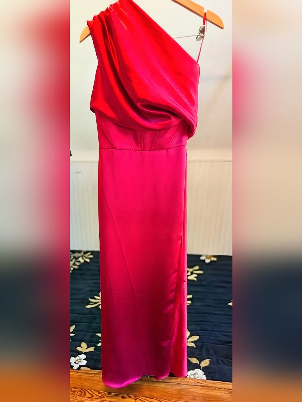 BRAND NEW! AMSALE One-Shoulder, Corset Waist Red Satin Evening Gown. Retail $800